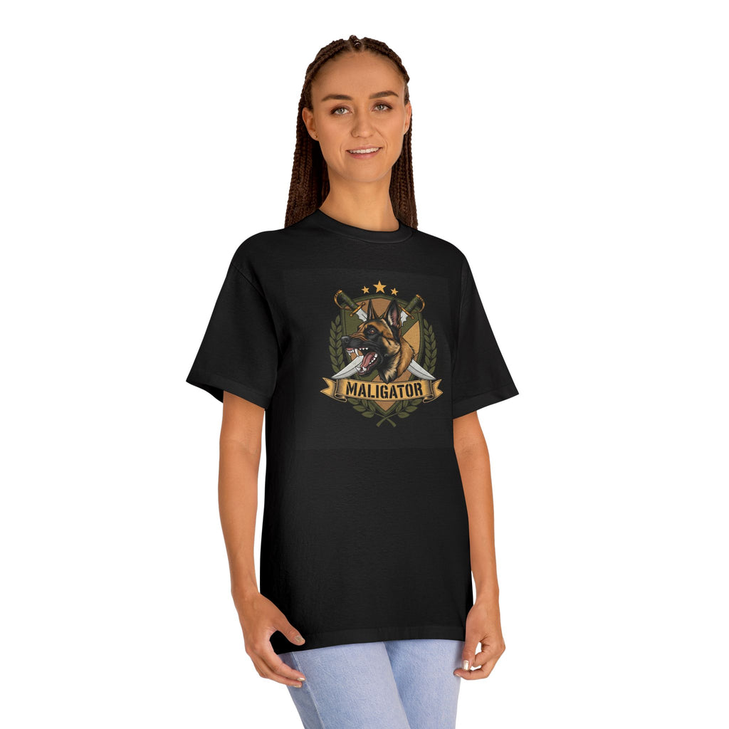 Maligator Crest Tee detail view - Black T-Shirt | BM Maligator Belgian Malinois