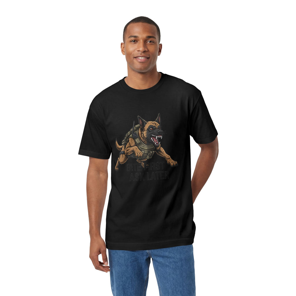 Bite First Ask Later Heavyweight Tee lifestyle view - Black T-Shirt | BM Maligator Belgian Malinois