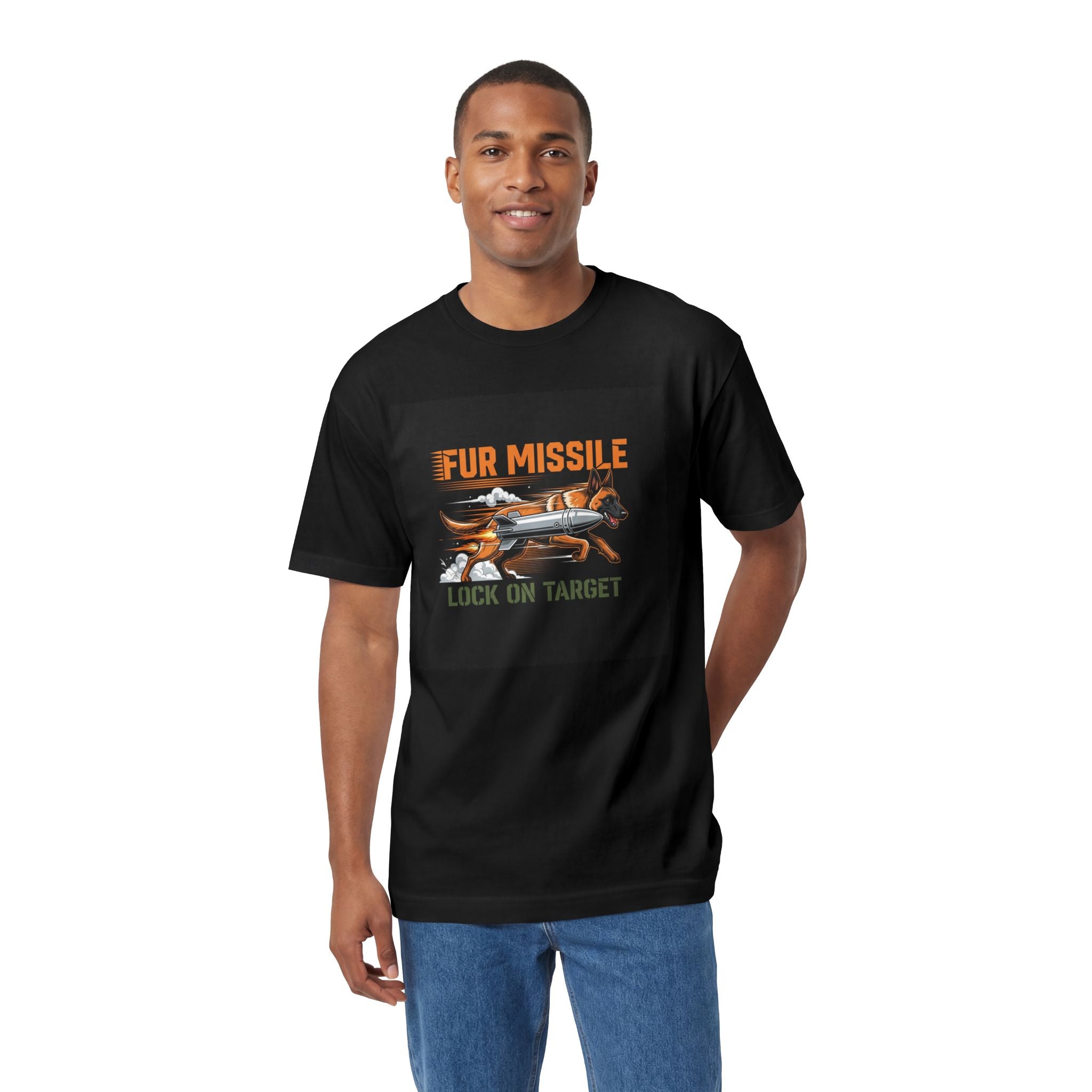 Fur Missile Tee lifestyle view - Black T-Shirt | BM Maligator Belgian Malinois