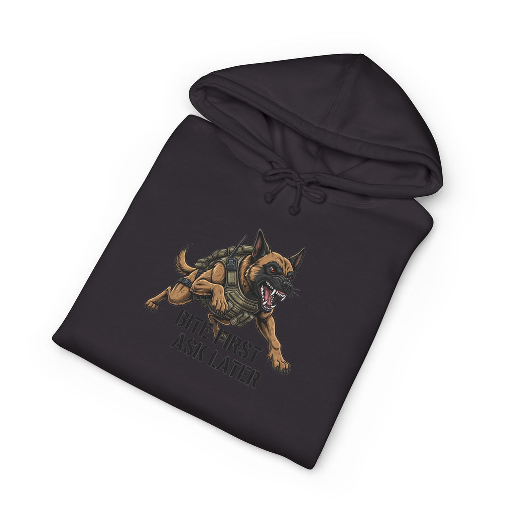 Bite First Ask Later Premium Hoodie detail view - Black Hoodie | BM Maligator Belgian Malinois